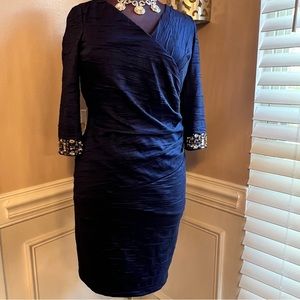 Elegant! Eliza J Navy Blue Cocktail Dress Rhinestone embellished Cuff Sleeve 14